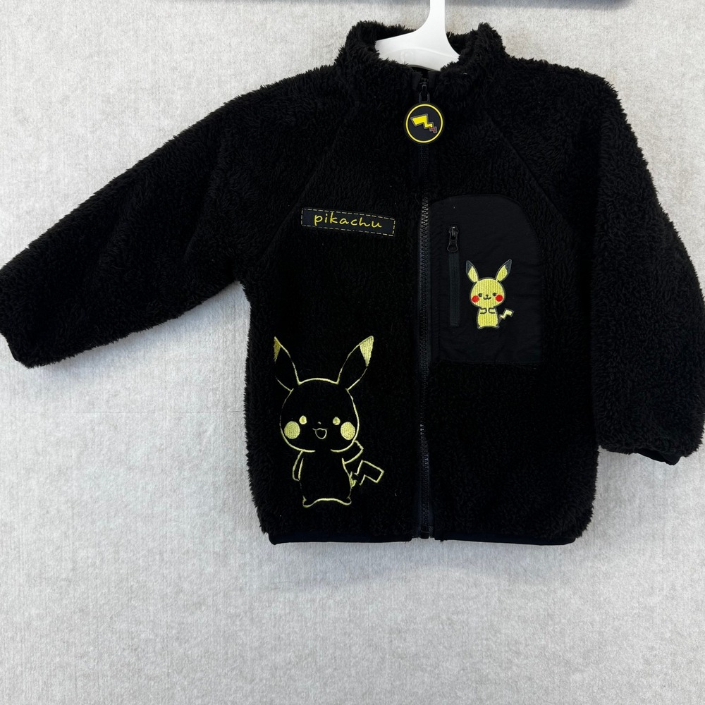 Pokemon Pikachu Black Sherpa Fleece Zip Up Jacket Toddler 2T Embroidery